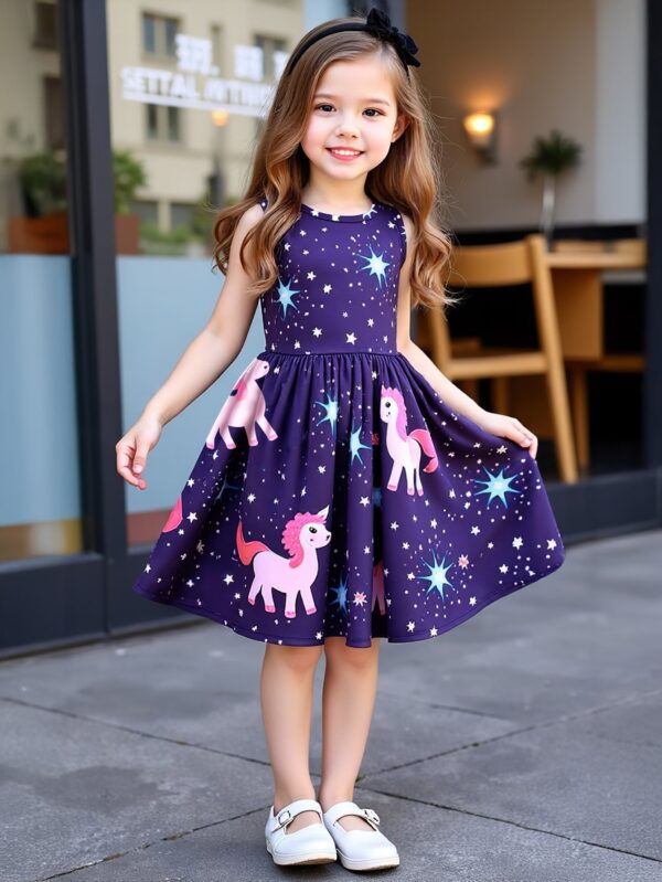 Girls Summer Trend Sleeveless Crystal Button Casual Unicorn Pattern Random Star Polka Dot Dress - Image 3