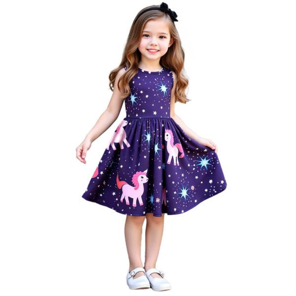 Girls Summer Trend Sleeveless Crystal Button Casual Unicorn Pattern Random Star Polka Dot Dress - Image 2