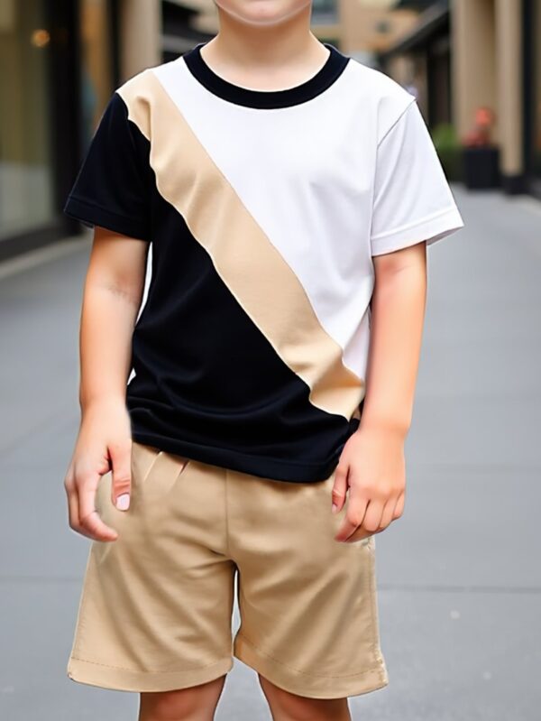 Boys' summer fashion color block stitching T-shirt + boys' short-sleeved shorts suit suitable for outdoor sports, travel and leisure - Image 5
