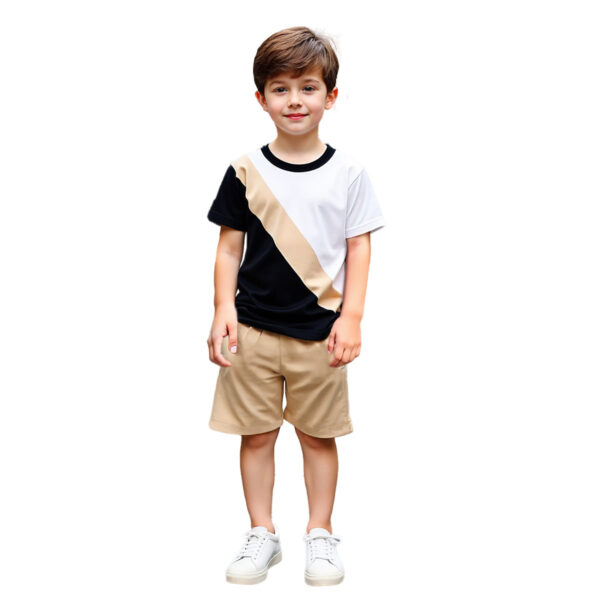 Boys' summer fashion color block stitching T-shirt + boys' short-sleeved shorts suit suitable for outdoor sports, travel and leisure - Image 2