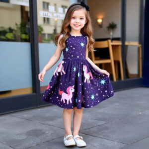 Girls Summer Trend Sleeveless Crystal Button Casual Unicorn Pattern Random Star Polka Dot Dress