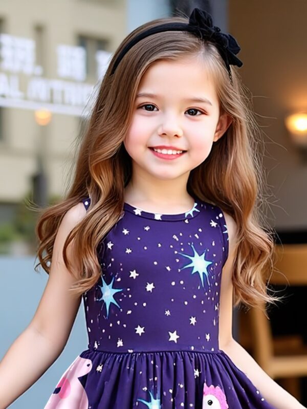 Girls Summer Trend Sleeveless Crystal Button Casual Unicorn Pattern Random Star Polka Dot Dress - Image 6