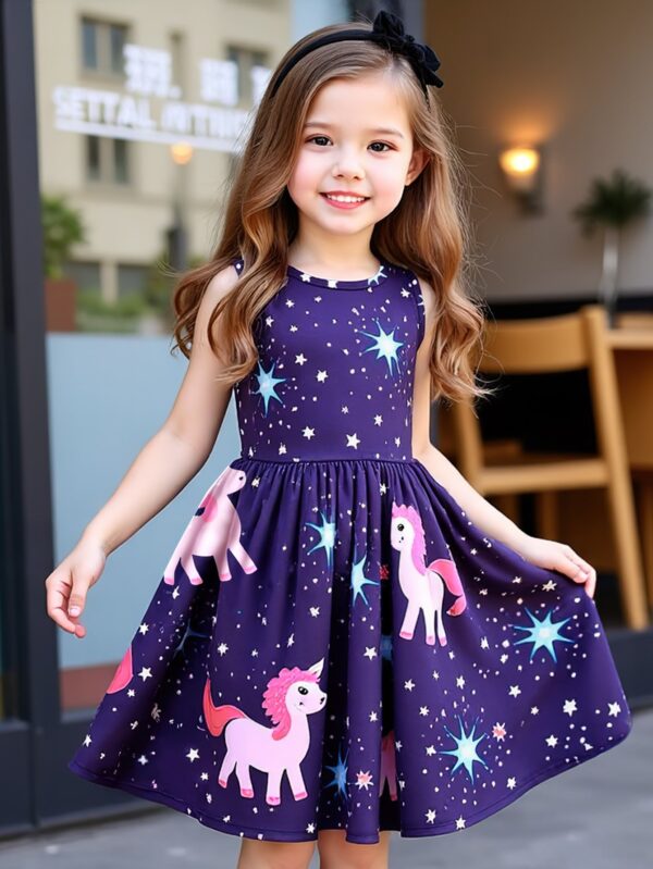 Girls Summer Trend Sleeveless Crystal Button Casual Unicorn Pattern Random Star Polka Dot Dress - Image 5