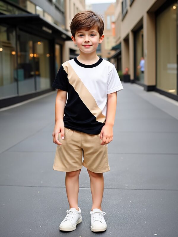 Boys' summer fashion color block stitching T-shirt + boys' short-sleeved shorts suit suitable for outdoor sports, travel and leisure - Image 3