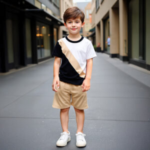 Boys' summer fashion color block stitching T-shirt + boys' short-sleeved shorts suit suitable for outdoor sports, travel and leisure